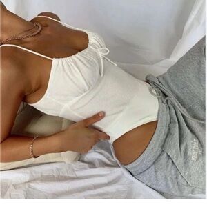 Princess Polly Cream Ribbed Tie-Front Bodysuit